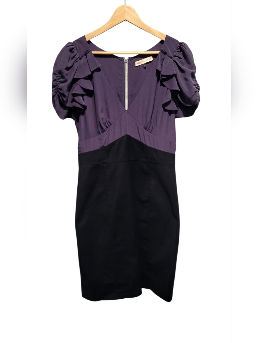 Rebecca Taylor Purple Black Colorblock Puff Sleeve Sheath Dress,10 Silk Blend
